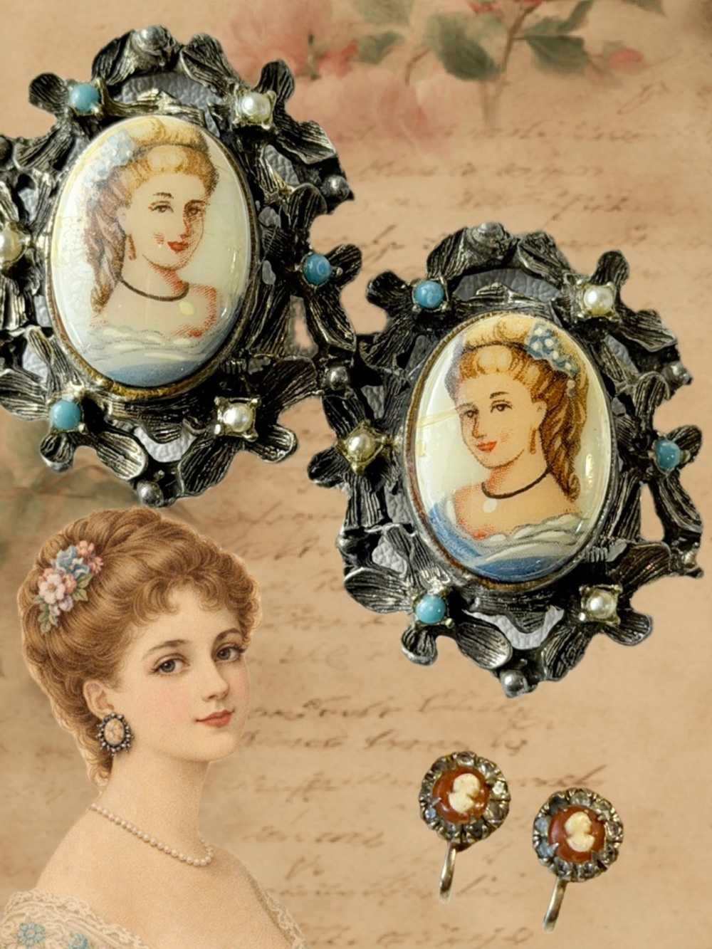 VINTAGE MCM cameo clip earring set estate jewelry painted porcelain Vargas 50s